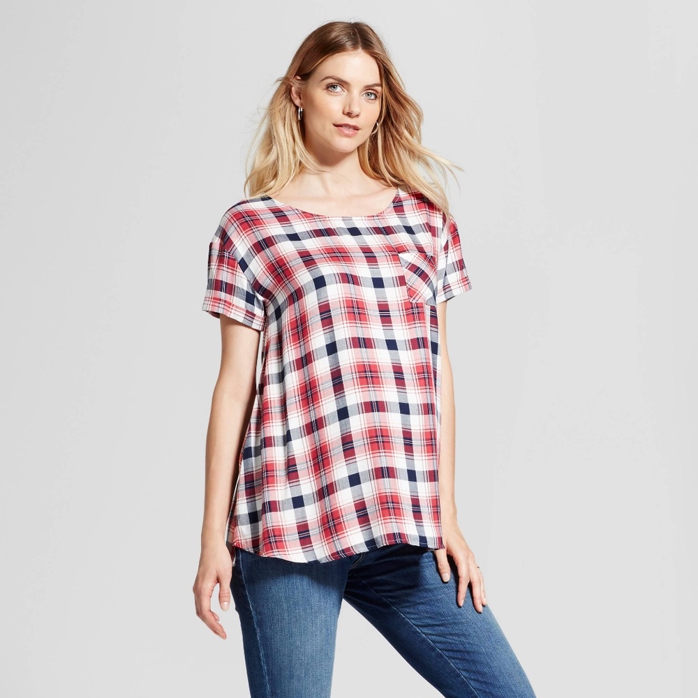 Isabel Maternity Short Sleeve Red Plaid Shirt
